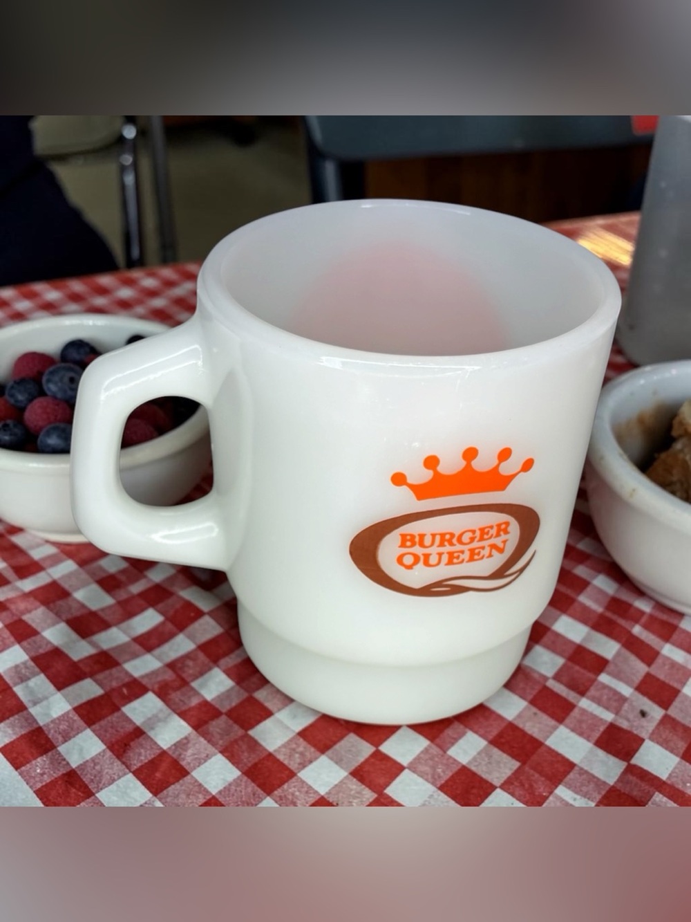 Vint Burger Queen Fire King Milk Glass Coffee Cup Good Morning Anchor Hocking